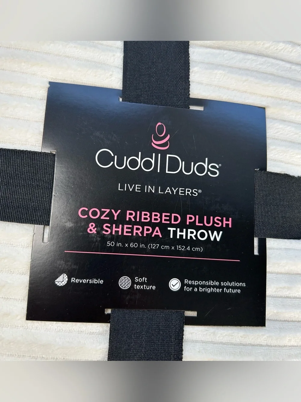 Cuddl Duds Cozy Ribbed Plush Sherpa Throw Blanket Reversible Ivory 50x60 New